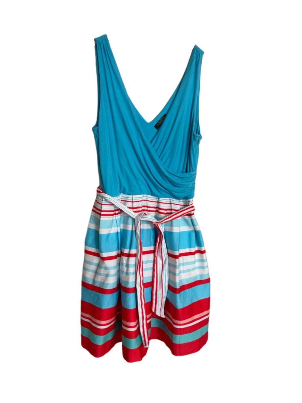 Ralph Lauren Women Fit & Flare Blue Wrap Dress size 14 Pleated Stripped